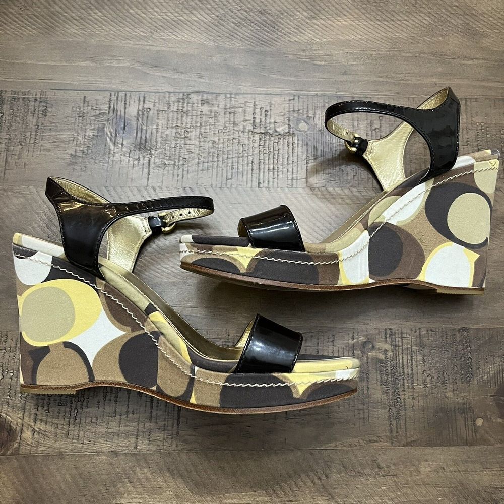 Coach Black Monogram Scribble Klara Wedge Sandals Size‎ 7.5C - Picture 3 of 7